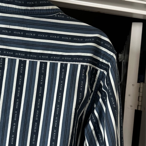 HUF Men's Navy and White Striped Button Down Shirt Funny Message Size- Mens L - Picture 5 of 10